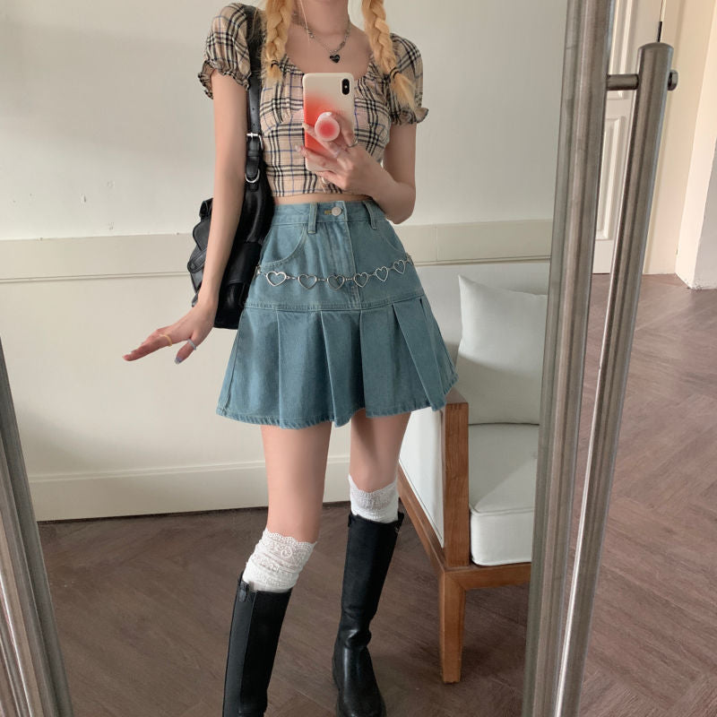 Sweetheart Denim Pleated Skirt - Cherry Bomb