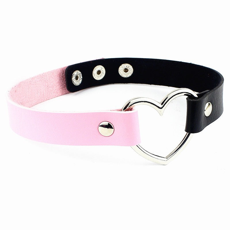 Love Heart Adjustable Leather Choker - Cherry Bomb