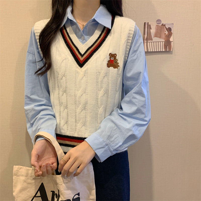 College Style Bear Knitted Sweater Vest