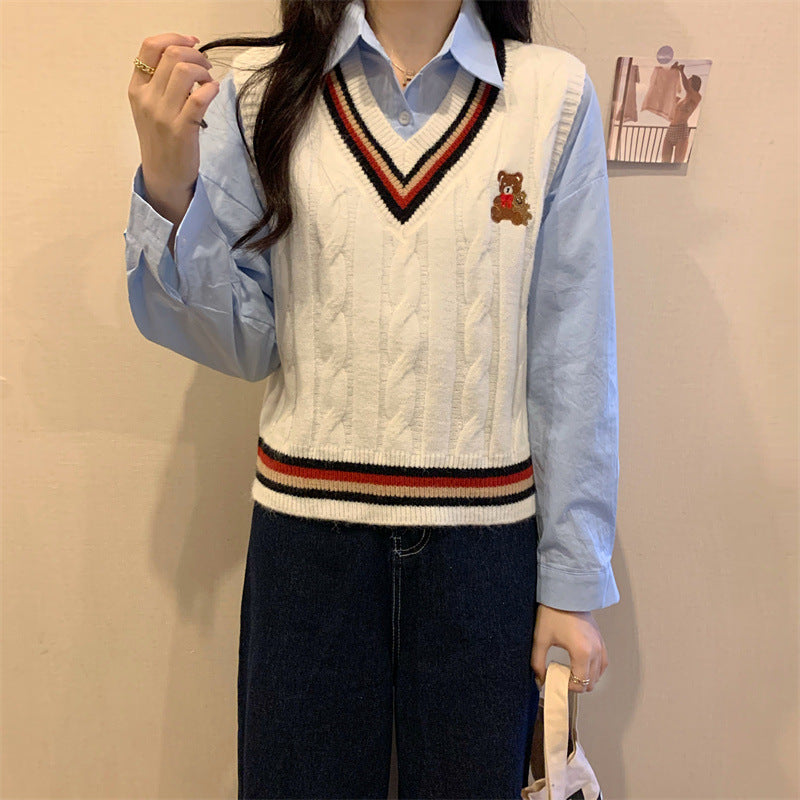 College Style Bear Knitted Sweater Vest