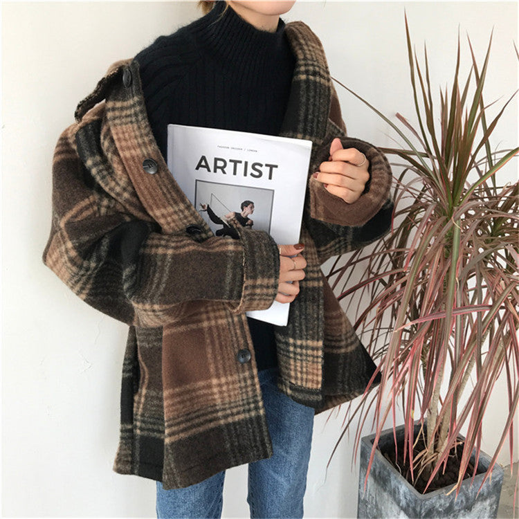 Plaid Mid-length Loose Woolen Coat - Cherry Bomb