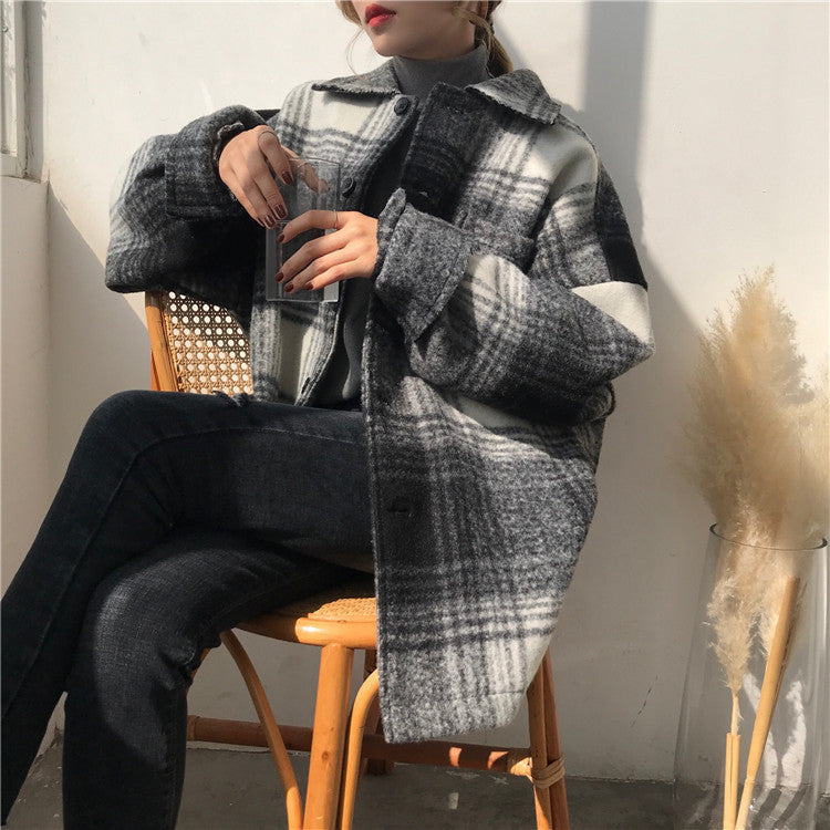 Plaid Mid-length Loose Woolen Coat - Cherry Bomb
