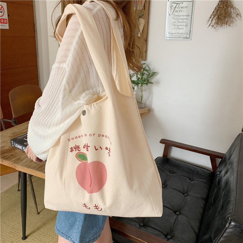 Japanese Peach Print Shoulder Tote Bag - Cherry Bomb