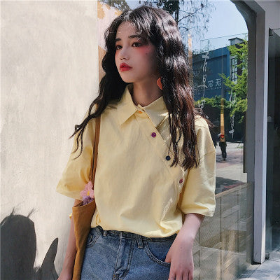 Casual Loose Collared Top with Buttons - Cherry Bomb