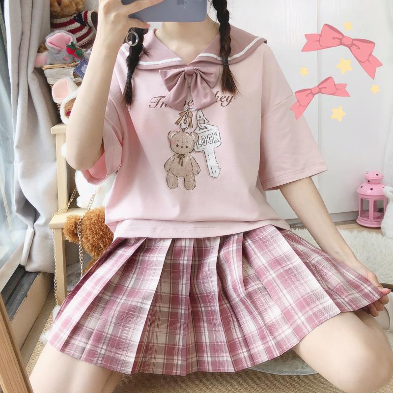 Cute Short-sleeved Sailor Top and Pleated Skirt - Cherry Bomb
