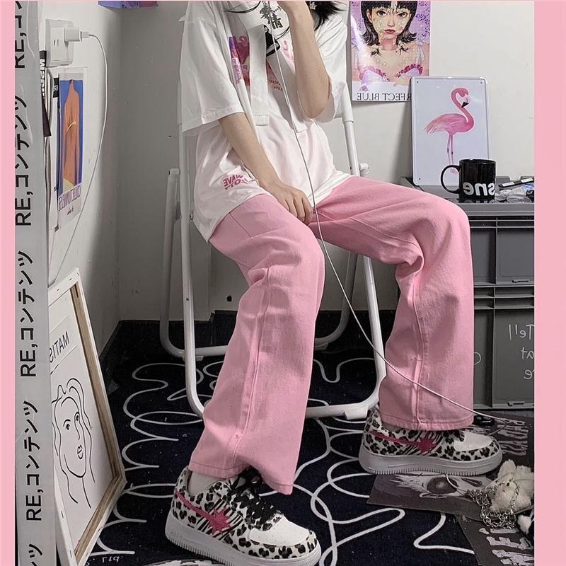Pink All-match Straight Wide Leg Jeans