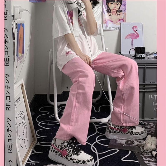Pink All-match Straight Wide Leg Jeans