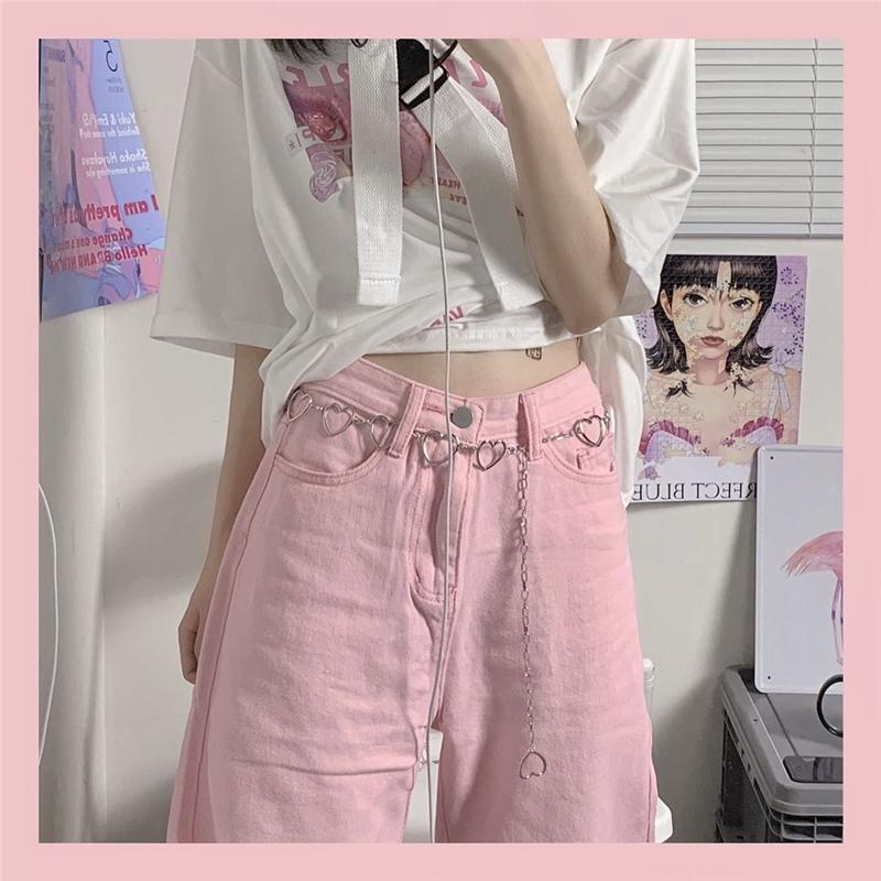 Pink All-match Straight Wide Leg Jeans