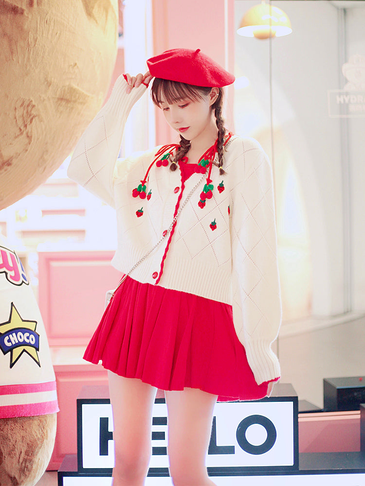 Strawberry Embroidery Knit Sweater - Cherry Bomb