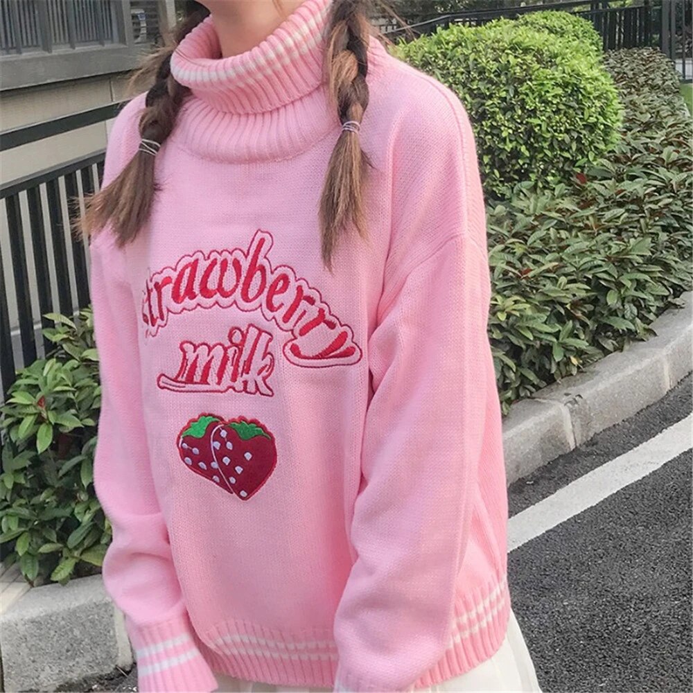 Strawberry Milk Turtleneck Sweater - Cherry Bomb