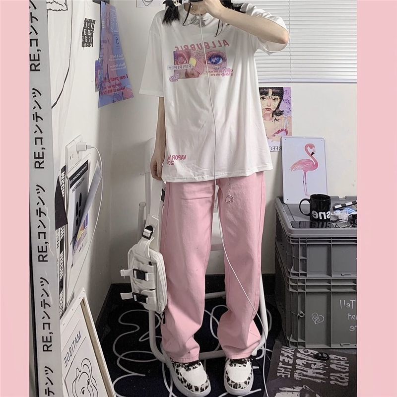 Pink All-match Straight Wide Leg Jeans