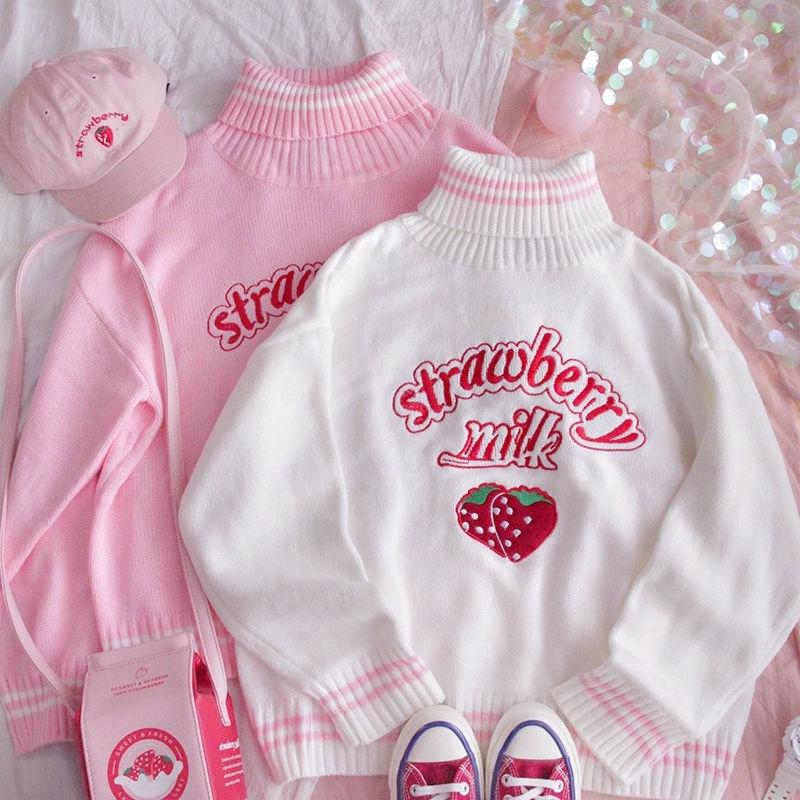 Strawberry Milk Turtleneck Sweater - Cherry Bomb