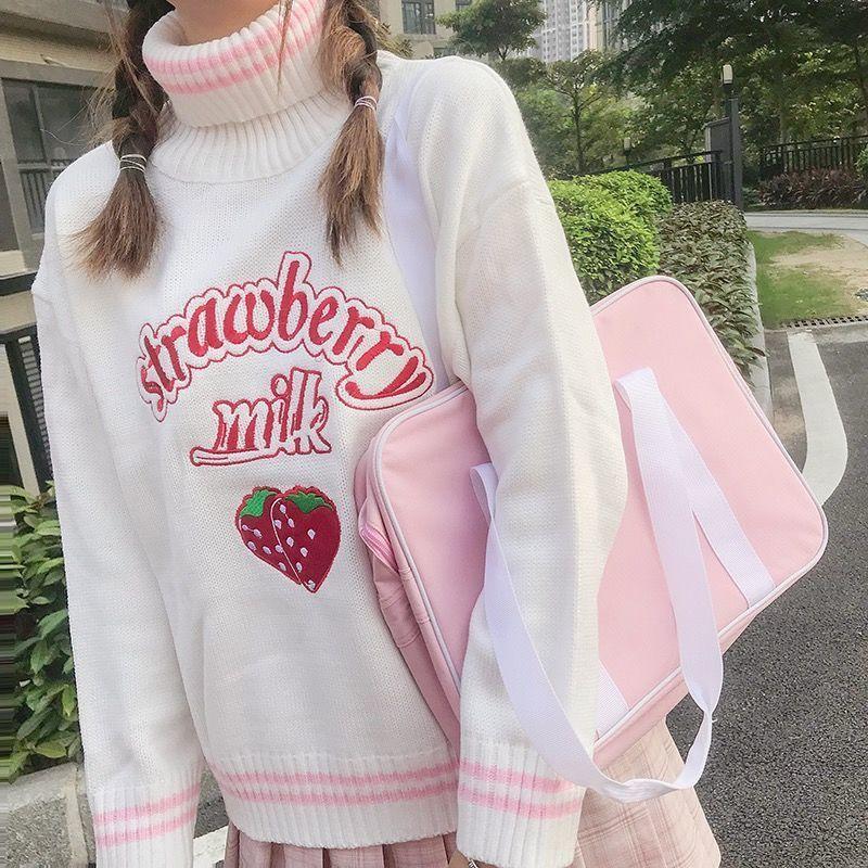 Strawberry Milk Turtleneck Sweater - Cherry Bomb