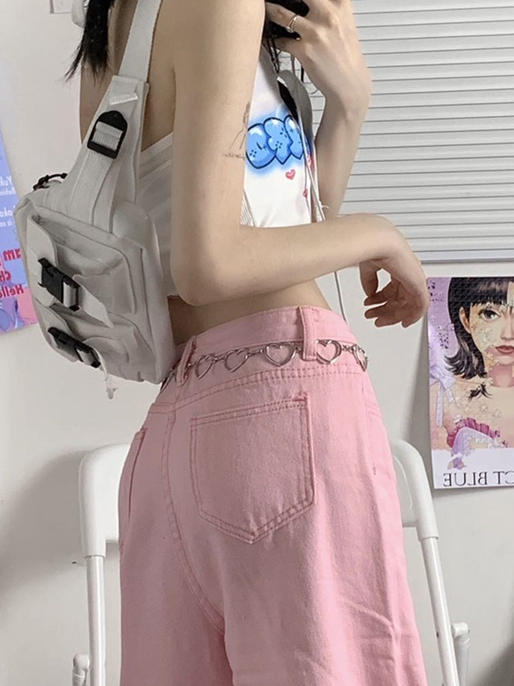 Pink All-match Straight Wide Leg Jeans