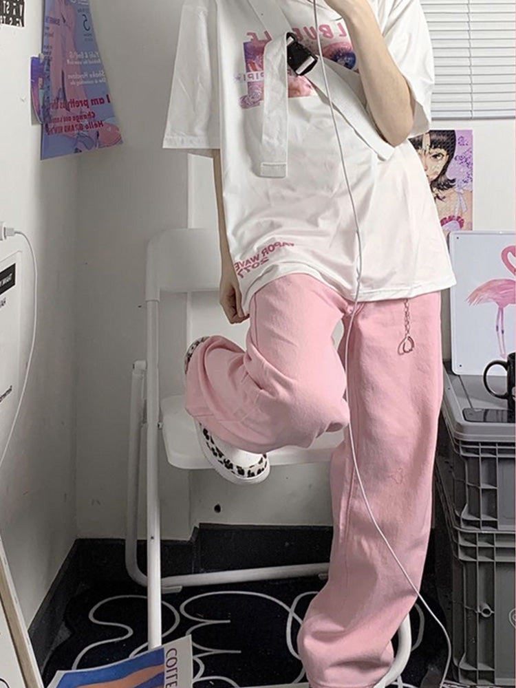 Pink All-match Straight Wide Leg Jeans