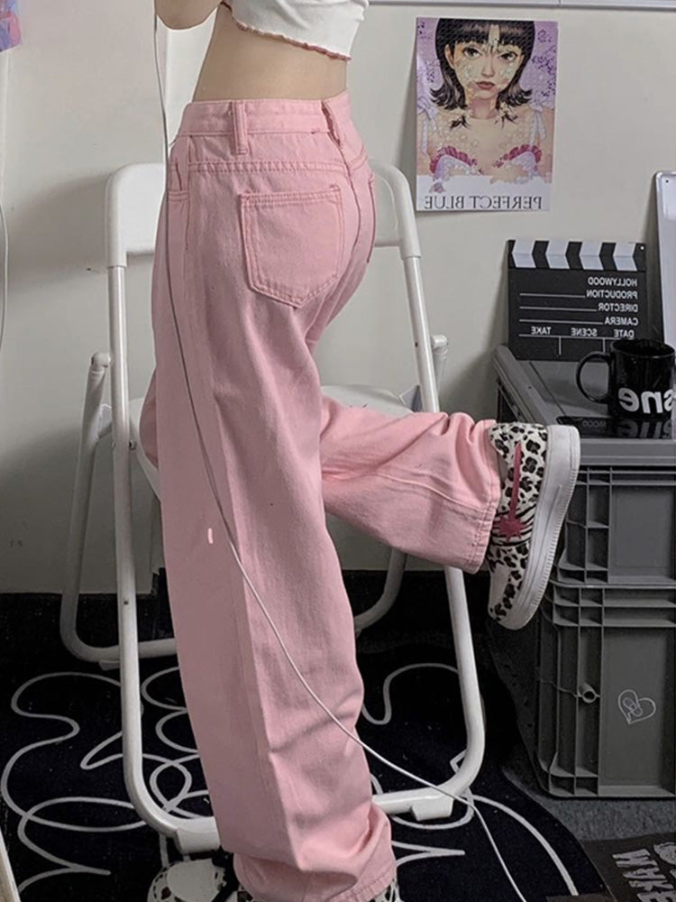 Pink All-match Straight Wide Leg Jeans