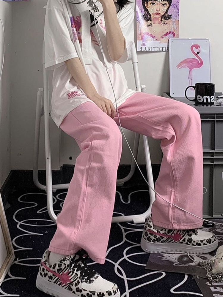 Pink All-match Straight Wide Leg Jeans