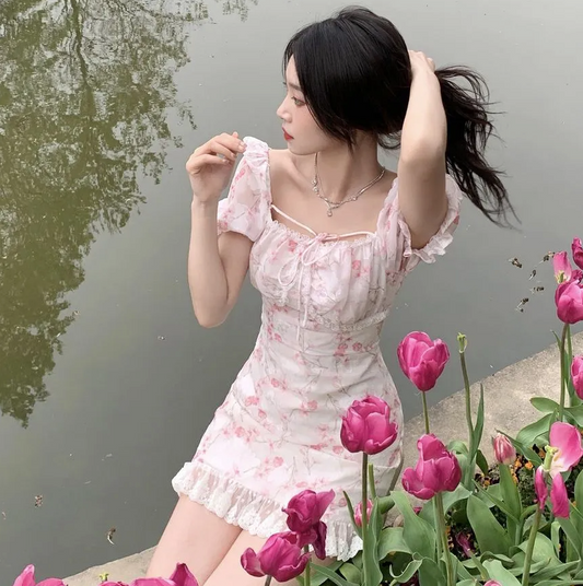 Puff Sleeve Floral Dress - Cherry Bomb
