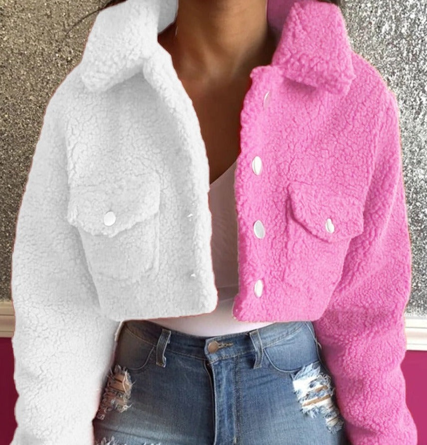 Fluffy Color Blocking Jacket - Cherry Bomb