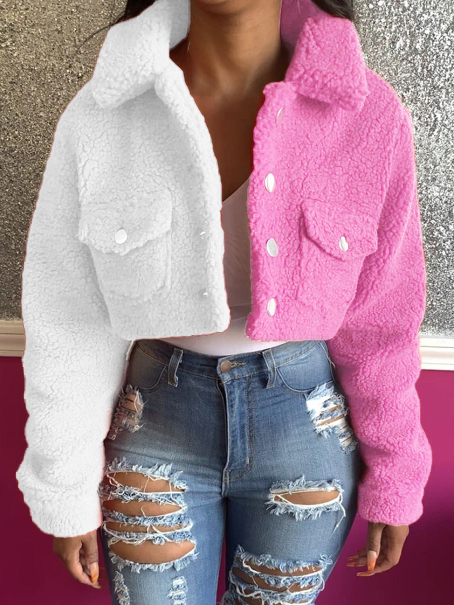 Fluffy Color Blocking Jacket - Cherry Bomb