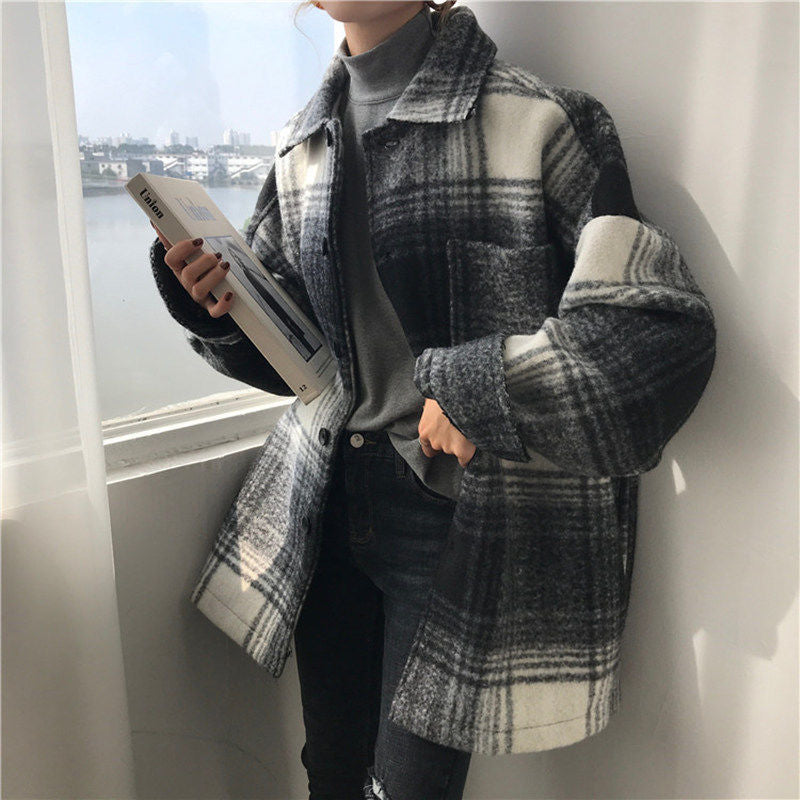 Plaid Mid-length Loose Woolen Coat - Cherry Bomb