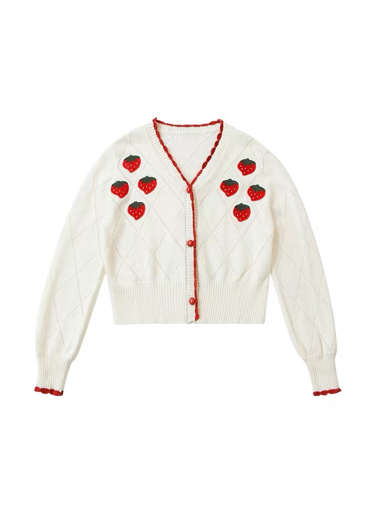 Strawberry Embroidery Knit Sweater - Cherry Bomb
