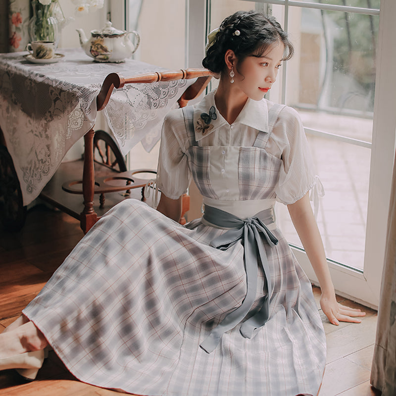 Butterfly Accent Antique Plaid Dress Set - Cherry Bomb