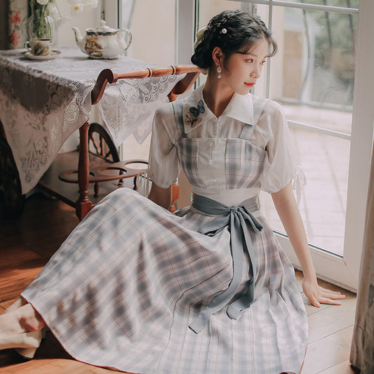 Butterfly Accent Antique Plaid Dress Set - Cherry Bomb