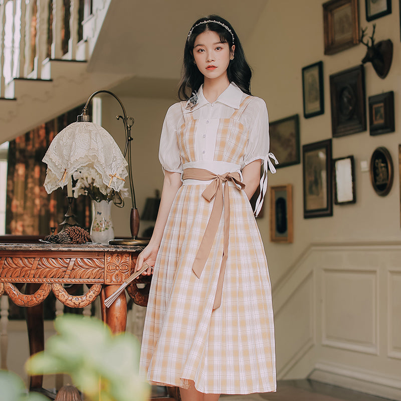 Butterfly Accent Antique Plaid Dress Set - Cherry Bomb