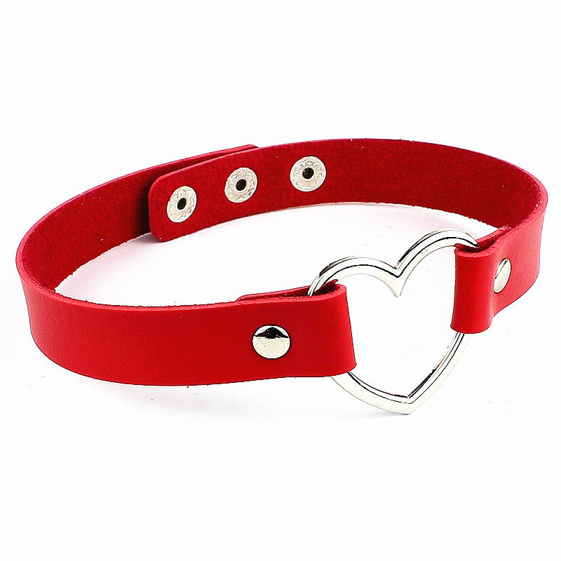 Love Heart Adjustable Leather Choker - Cherry Bomb