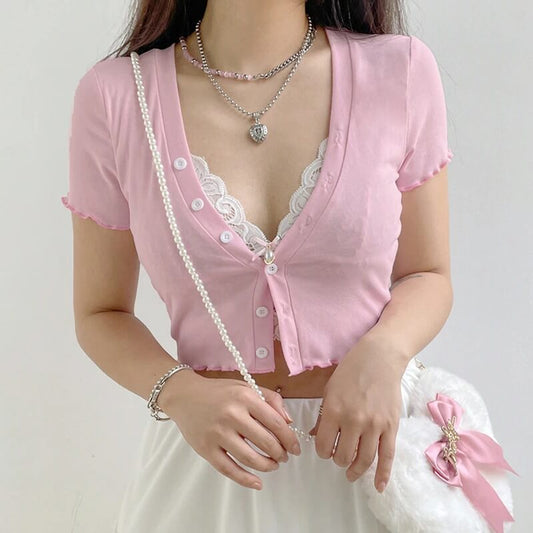 Sweet Lace Crop Button-up - Cherry Bomb