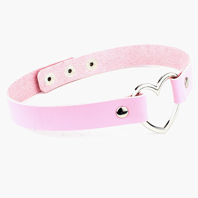 Love Heart Adjustable Leather Choker - Cherry Bomb