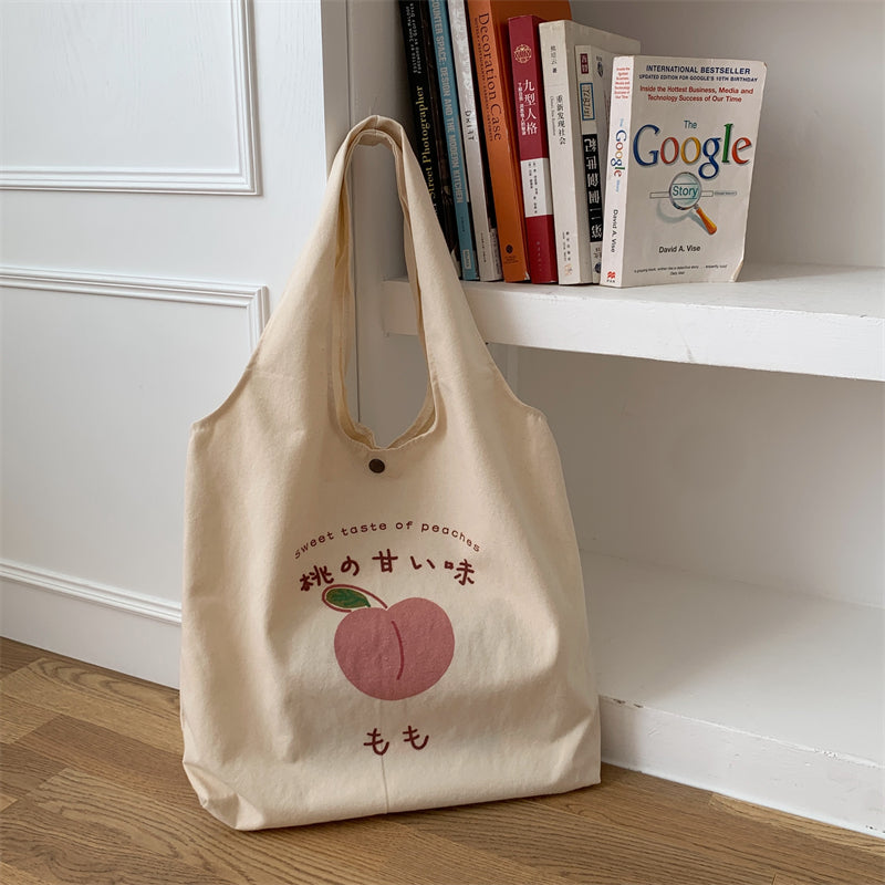 Japanese Peach Print Shoulder Tote Bag - Cherry Bomb