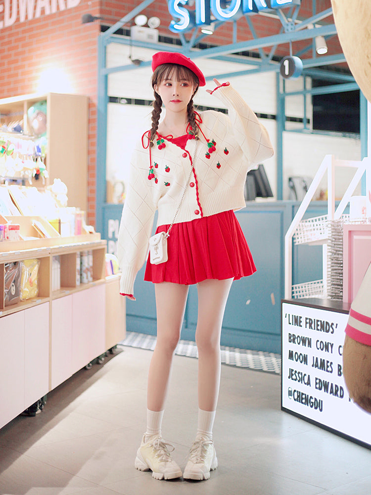 Strawberry Embroidery Knit Sweater - Cherry Bomb
