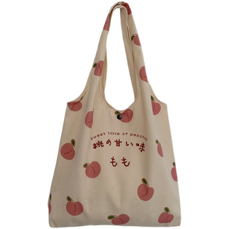 Japanese Peach Print Shoulder Tote Bag - Cherry Bomb