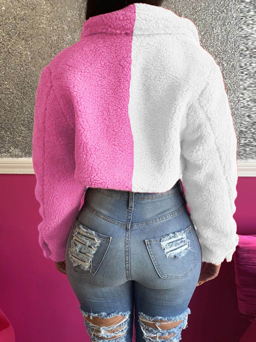 Fluffy Color Blocking Jacket - Cherry Bomb