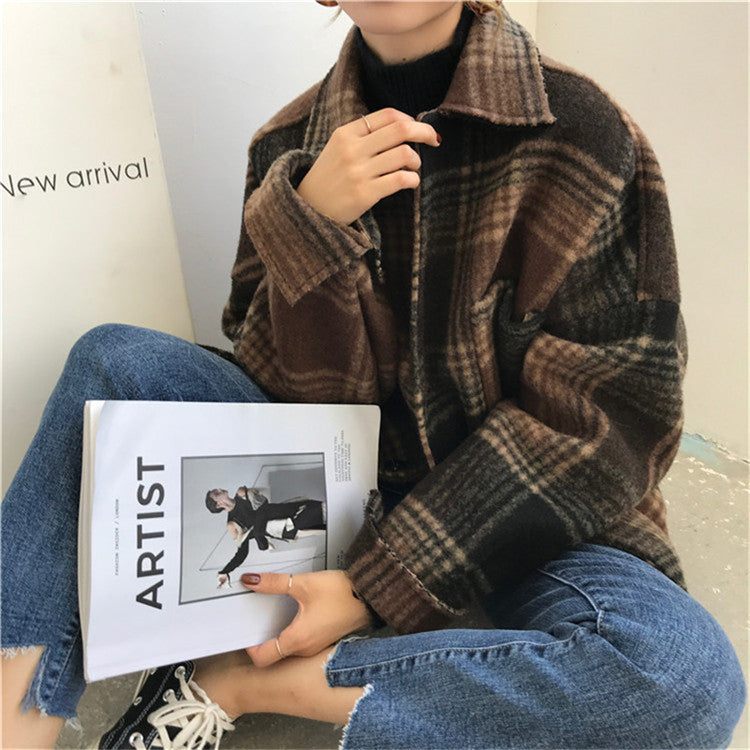 Plaid Mid-length Loose Woolen Coat - Cherry Bomb