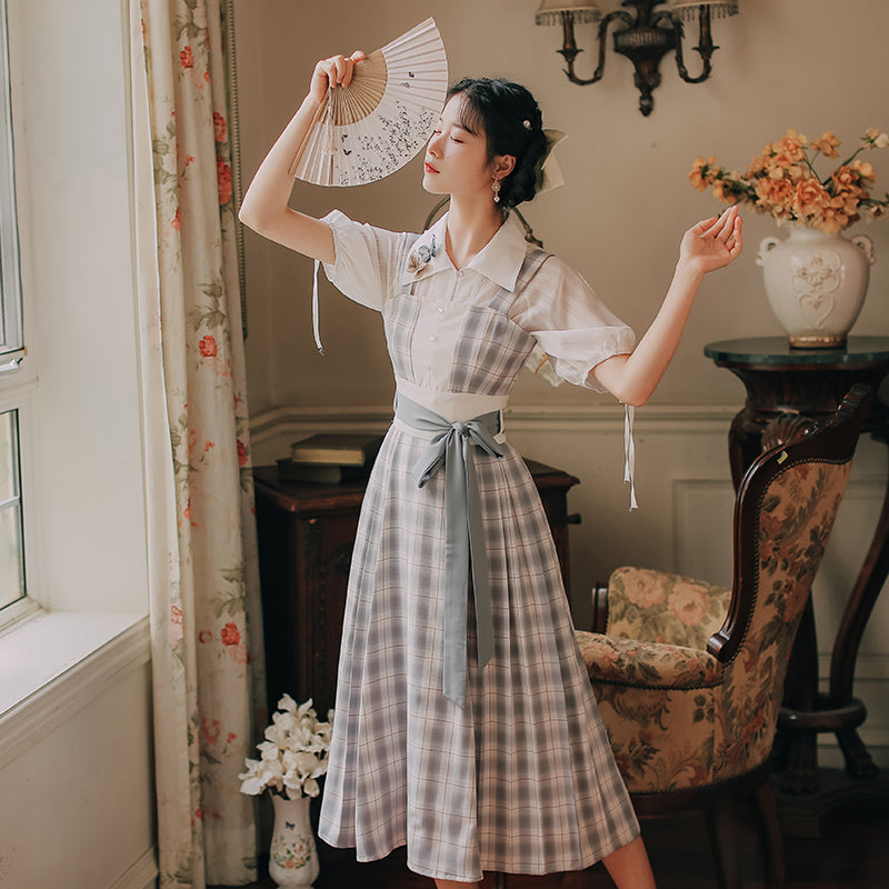 Butterfly Accent Antique Plaid Dress Set - Cherry Bomb